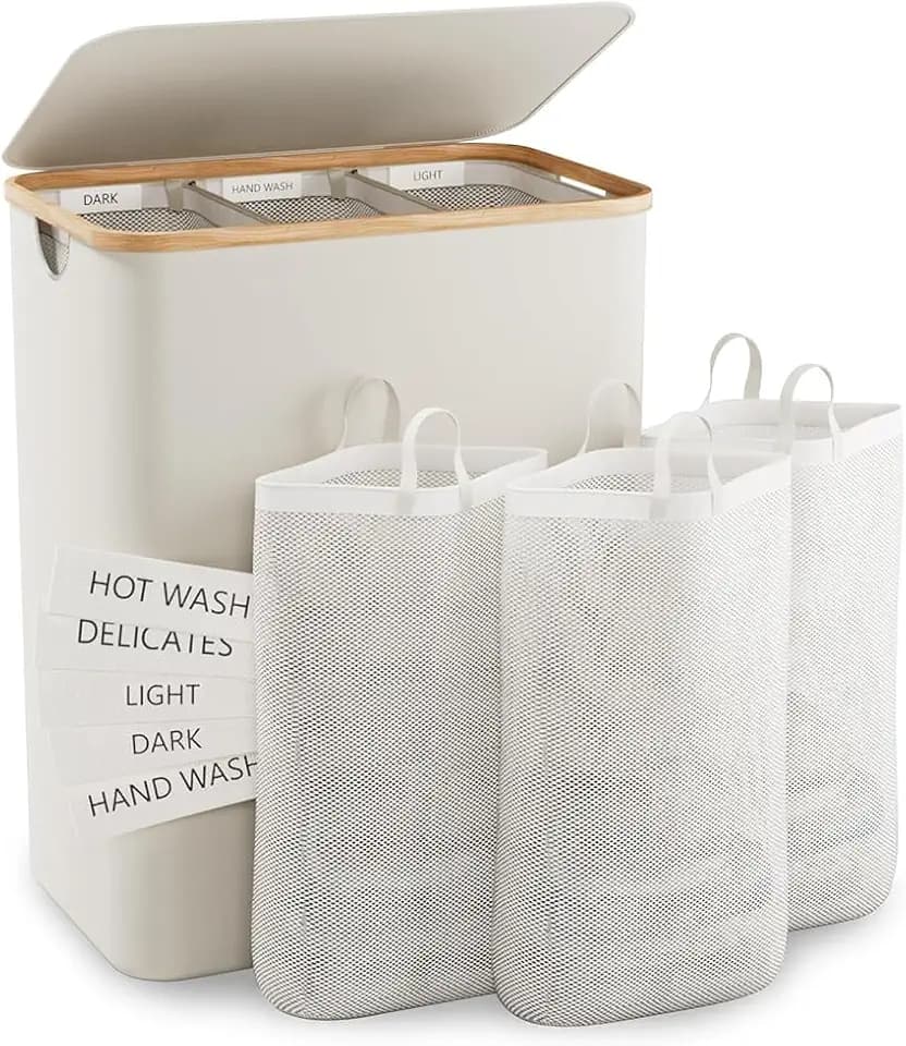 Bathola Wäschekorb mit Deckel 145L, Große Wäschesortierer 3 Fächern, Beige