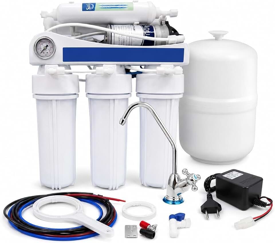 Bbagua 50 EUR BP. 5-stufige Umkehrosmoseanlage für den Hausgebrauch mit Druckpumpe. Einfache Installation und Filterwechsel. Unterbaumontage. Enthält Filter