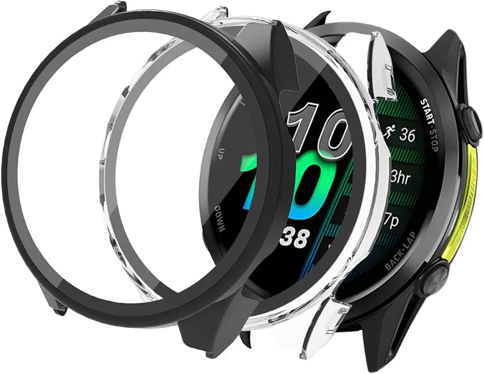Case for Garmin Forerunner 970 Premium Running Smartwatch,WUNIAK Hard PC Screen Protector for Garmin 970,9H Tempered Glass Ultra-Thin Full-Coverage Shockproof Bumper,(2Pack,Transparent+Black)