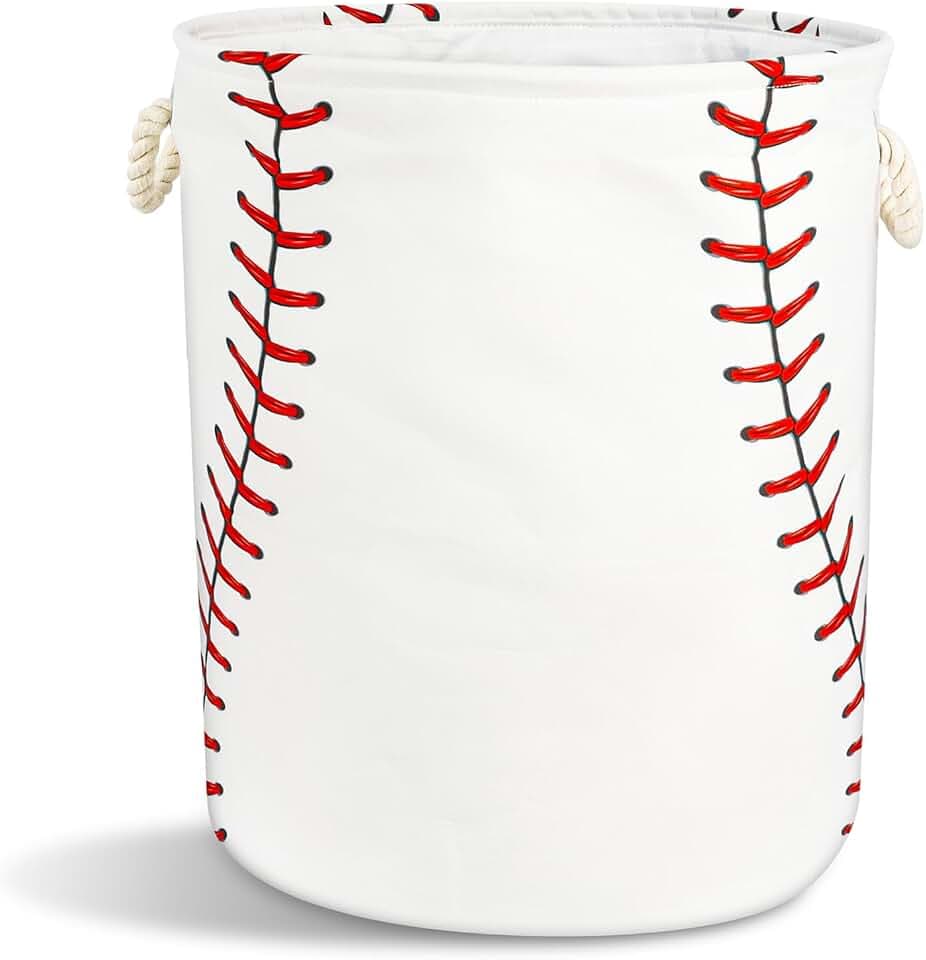 Baseball Texture Laundry Basket with Handles Collapsible Laundry Hamper Waterproof Toy Organizer Funny Dirty Clothes Hamper for College Dorm Bathroom Bedroom