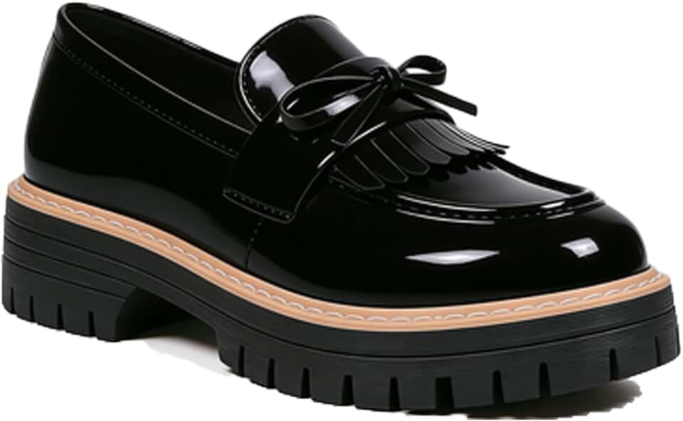 Women's Patent Leather Chunky Heel Penny Loafers Fashion Round Toe Slip-On Platform Office Casual Dress Shoes for Driving Business Work Shoes