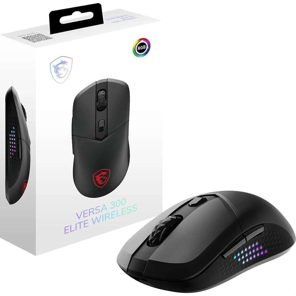 MSI Versa 300 Elite Wireless Gaming-Maus – 26.000 DPI-Optosensor, 1000 Hz Polling-Rate, symmetrisch, 60 Mio. klick-OMRON-Schalter, 200-Stunden-Batterie, 1 ms Latenz, RGB, 65 g – verkabelt/kabellos