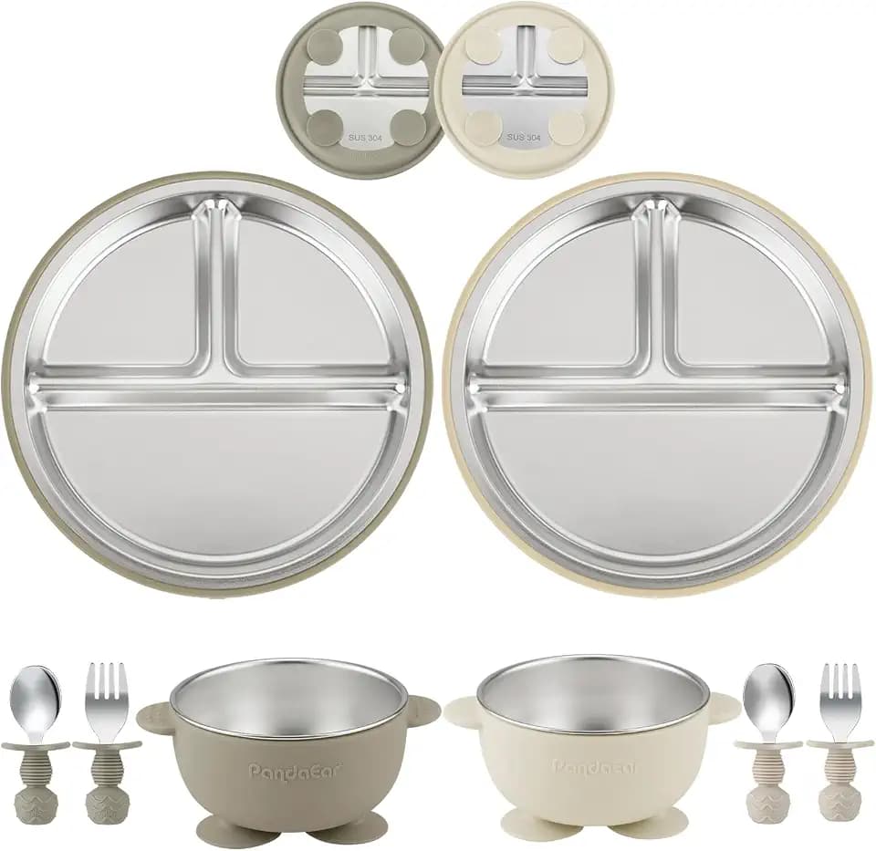 PandaEar 8-teiliges Baby Essgeschirr Set aus Edelstahl & Silikon, Saugteller und Schüsseln mit Löffel & Gabel, Geteiltes Geschirr für selbstständiges Essen, BPA-frei (Beige & Walnuss)