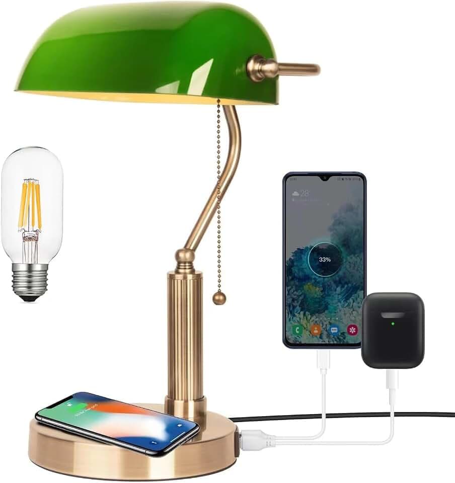 FIRVRE Grün Glas Banker Schreibtischlampe, LED Glühbirne enthalten, Schreibtischlampe Retro Wireless-Ladbare mit USB Port für Arbeitszimmer, Büro