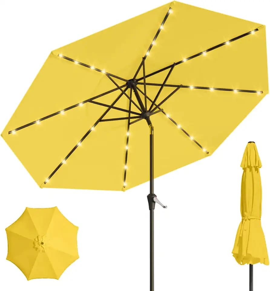 Patiokingdom 9FT Solar LED Patio Umbrella with Tilt and Crank,Outdoor Market Table Umbrella with 8 Sturdy Ribs, UV Protection for Deck, Lawn,Pool,Backyard