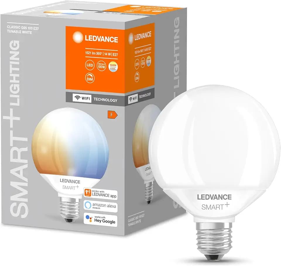 LEDVANCE Smarte LED-Lampe mit Wifi Technologie, Sockel E27, Dimmbar, Lichtfarbe änderbar (2700-6500K), Globeform, Matt, Ersatz für herkömmliche 100W-Glühbirnen, steuerbar mit Alexa, Google & App
