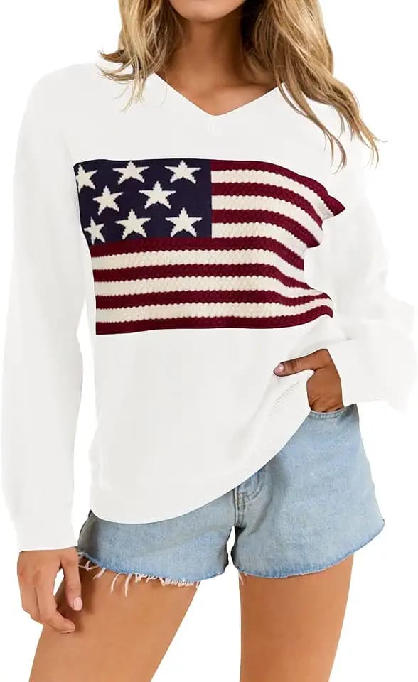 BONITEE Womens American Flag Knit Sweater Long Sleeve USA Graphic Pullover