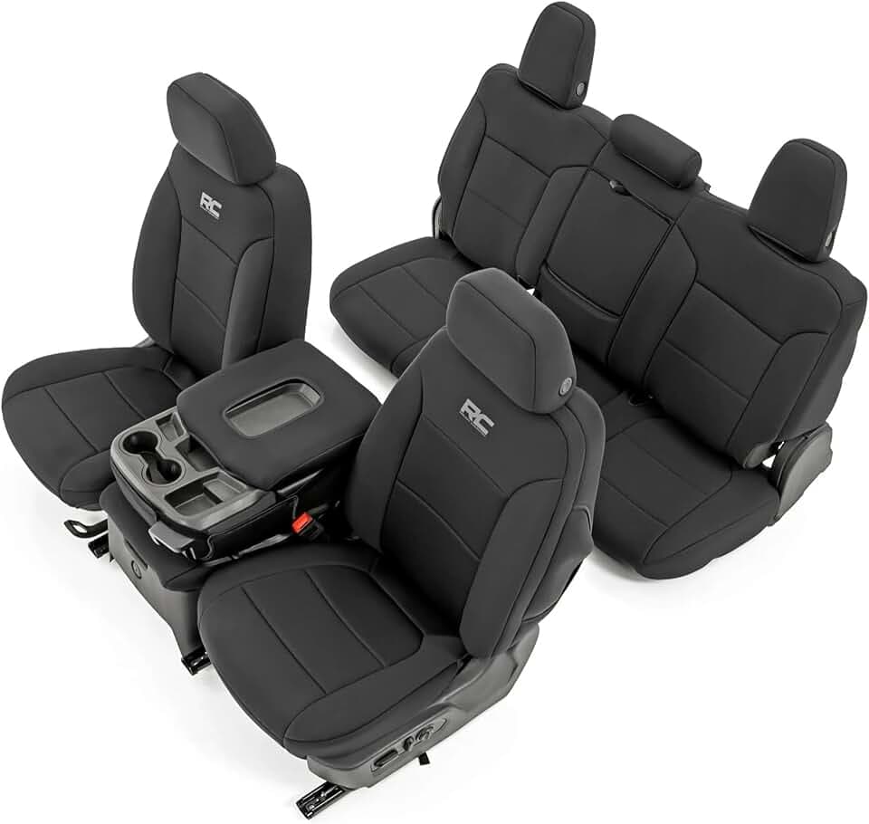 Rough Country Neoprene Seat Covers for Chevy Silverado/GMC Sierra 1500 (2019–2026) w/Rear Cup Holder - Waterproof, UV-Resistant, Foam Padded, Front & Rear Row Cover Set