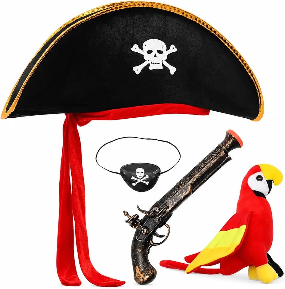 Anxingo 4-Piece Pirate Hat Set with Eye Patch, Shoulder Parrot