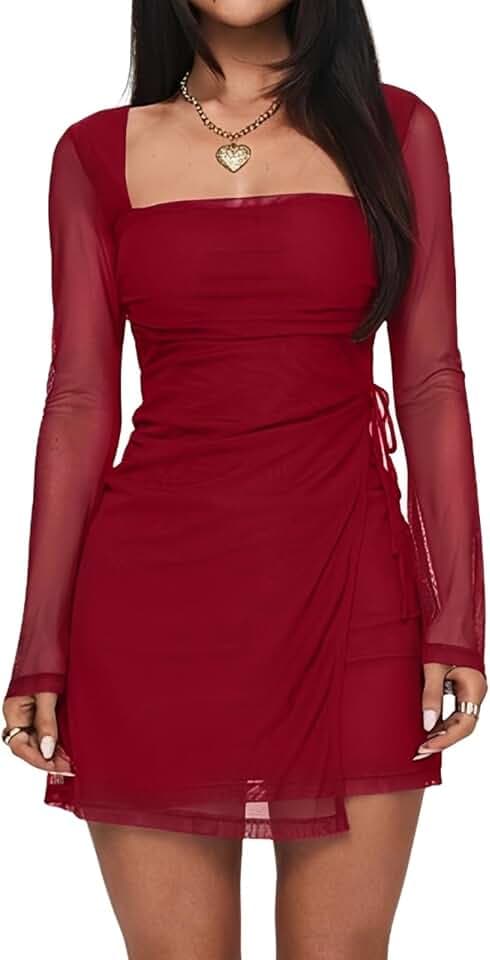 Remxi Damen 2026 Mesh Minikleid Sexy Quadratischer Ausschnitt Langarm Kleid Wrap Tie Party Club A Linie Kurze Kleider