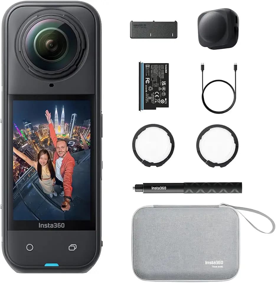 Insta360 X5 Essentials Bundle-8K Waterproof 360 Action Camera|Bundle Includes Selfie Stick, Extra Battery, Utility Fast Charge Case, Standard Lens Guards, Lens Cap, Carry Case