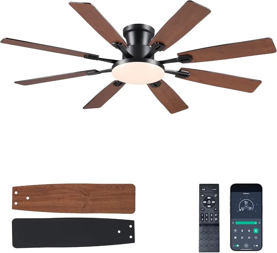 JSAITEE 60Inch Ceiling Fan with Lights, Large Low Profile Flush Mount,Brown