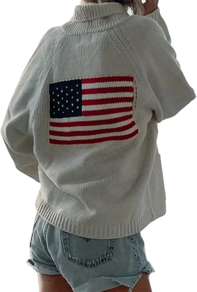 Women's American Flag Knit Sweater Cardigan Fold Collar Cardigans Long Sleeve Button Front Knitwear Shawl Coats