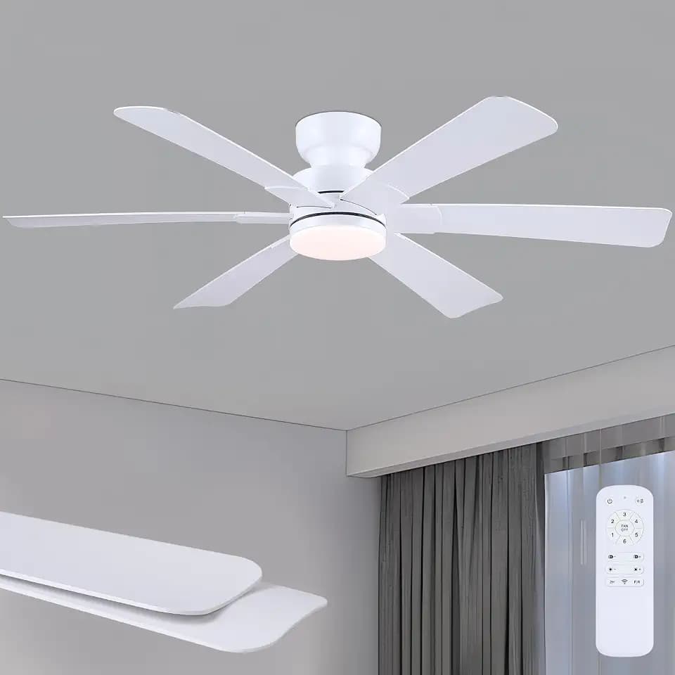 Asyko 52" White Modern Low Profile Ceiling Fan with LED Light and Remote