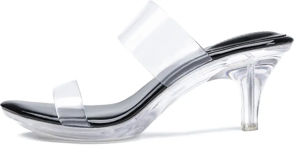 NBUUNBU Clear Heels for Women Silver Black Heels Little Platform Sexy High Heels Sandals Stiletto Kitten Open Toe Dress Shoes Comfortable Double Transparent Strap Heeled Sandals Mule