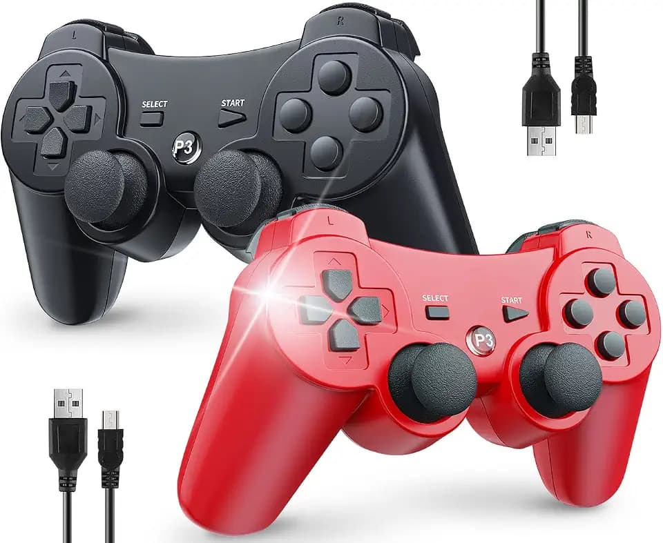 OKHAHA Controller 2 Pack for PS3 Wireless Controller for Sony Playstation 3, Double Shock 3, Bluetooth, Rechargeable, Motion Sensor, Remote for PS3 (No Stripes(Black + Red))