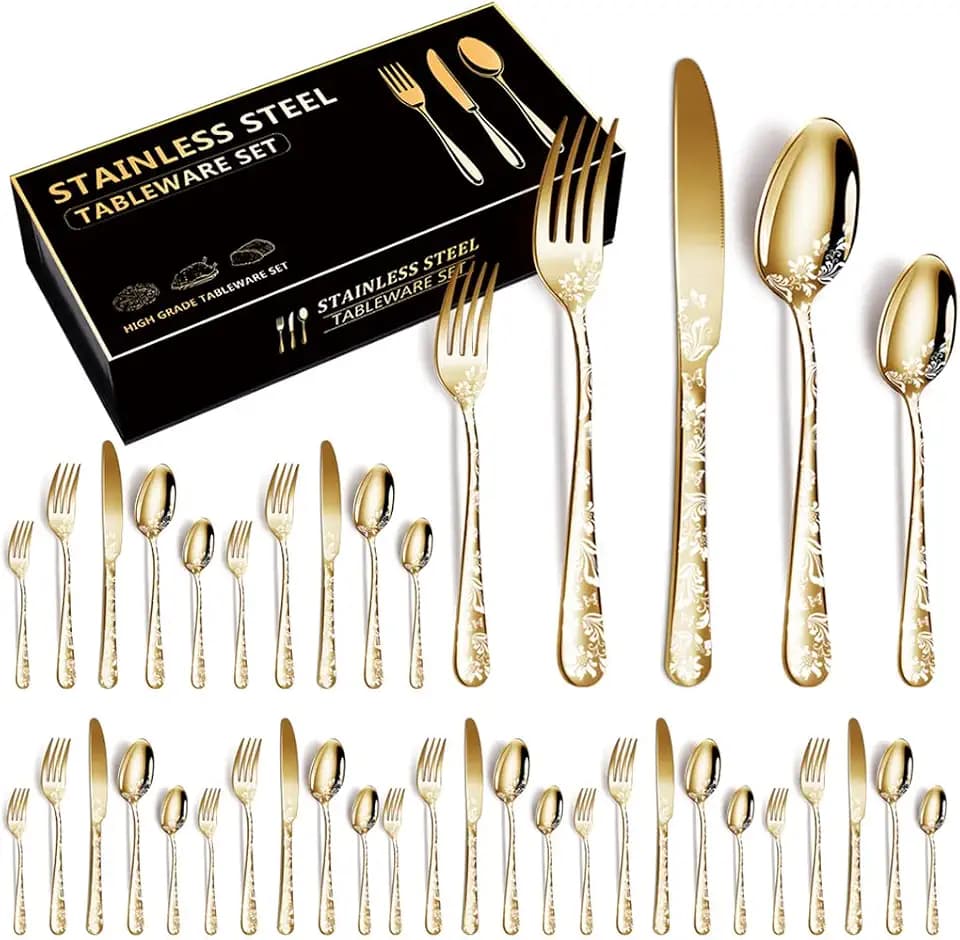 XIAOYU 40-teiliges Besteckset Aus Edelstahl, Service Für 8 Personen, Einzigartiges Musterdesign, Inklusive Menümesser/Gabeln/Löffel, Hochglanzpoliert, Gold
