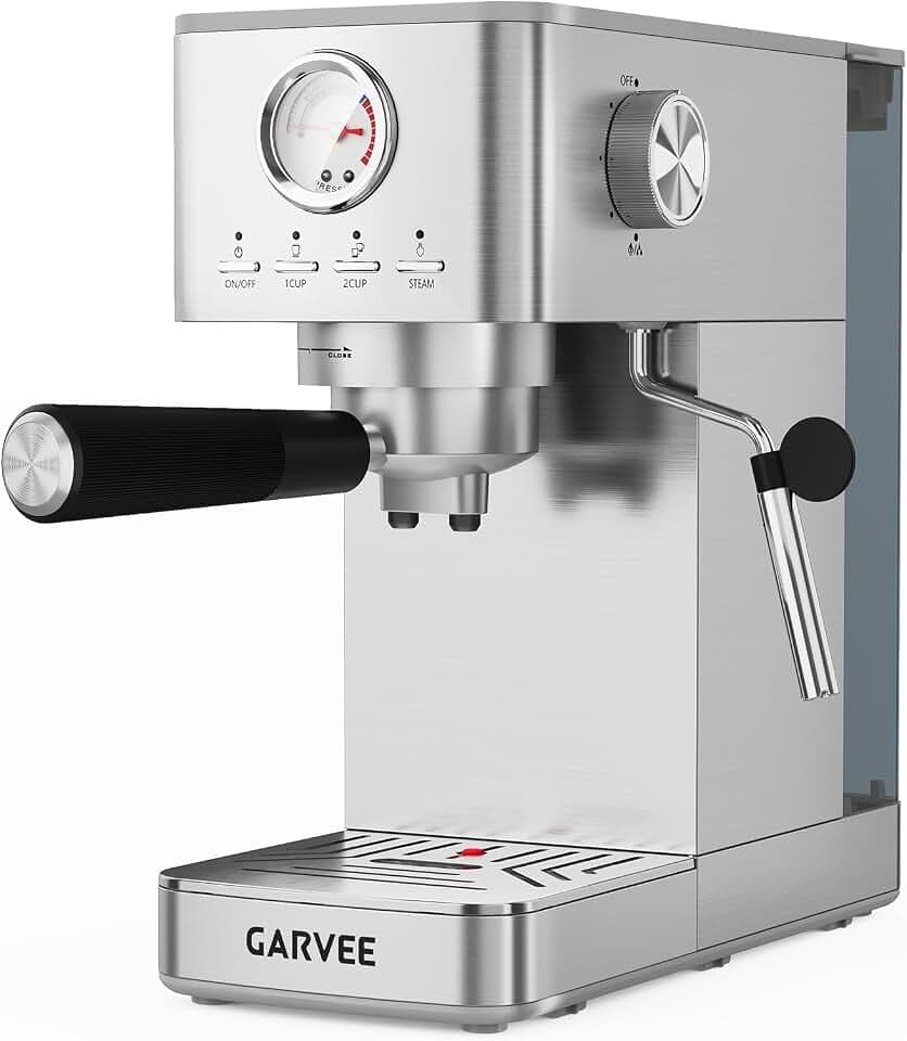 Espressokaffeemaschine, 20 bar, mit Mahlwerk, halbautomatische Espressokocher aus Edelstahl mit Milchaufschäumer, einstellbare Temperatur und Tassenvolumen, 1,4 l, abnehmbarer Tank für Küche, Büro