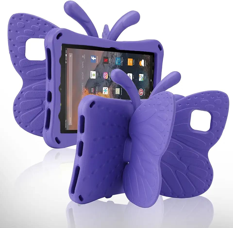 Simicoo Amazon Fire 7 Tablet 12th Gen 2022 Case Cute Butterfly Case with Stand for Kids Light Weight EVA Rugged Shockproof Heavy Duty Kids Friendly Full Cover for Fire 7 2022 (Purple)