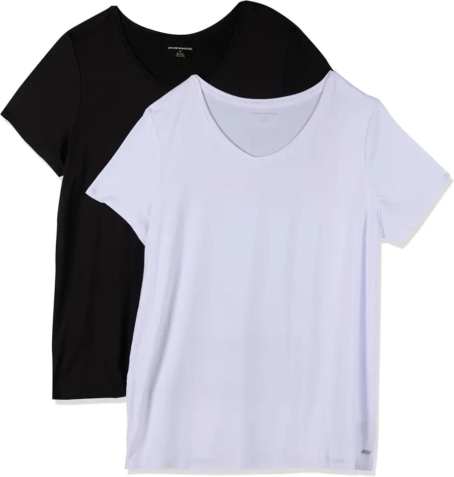Amazon Essentials Women's Active Quick Dry Tech Stretch Short-Sleeve V-Neck T-Shirt, Moisture-Wicking, Pack of 2
