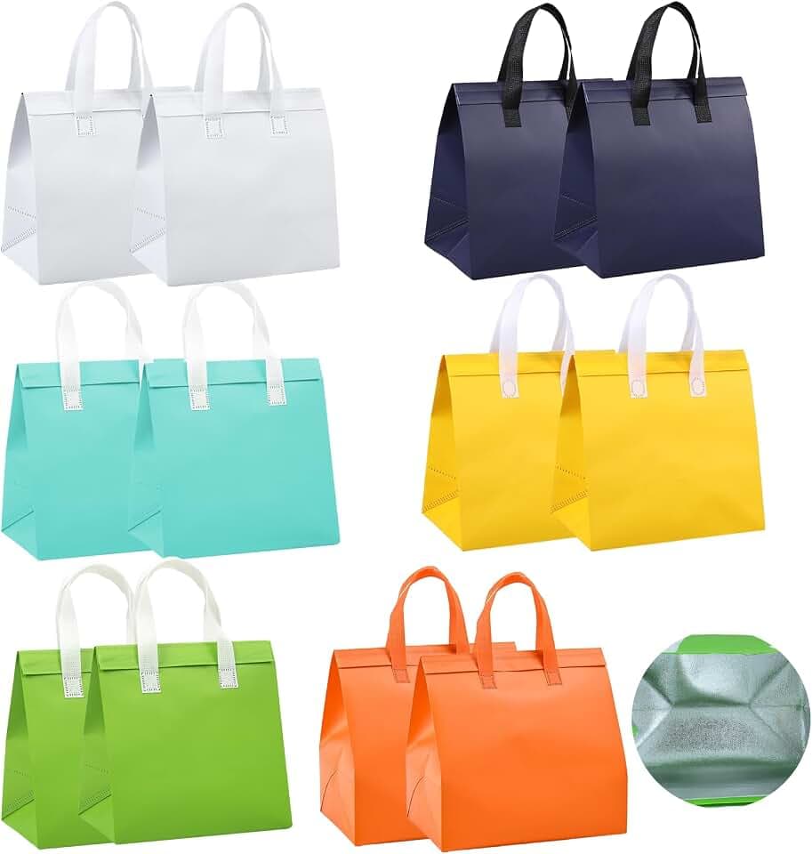 12Pcs Insulated Take Away Bags Disposable Cooler Bag Thermal Lunch Grocery Take Out Bags for Coffee Milk Tea Hot Cold Drink Fresh Food Delivery (6 Colors)