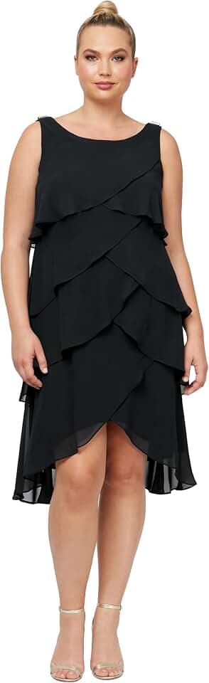 S.L. Fashions Womens Plus-Size Solid Multi-Tier Dress Embellished Shoulder Dress
