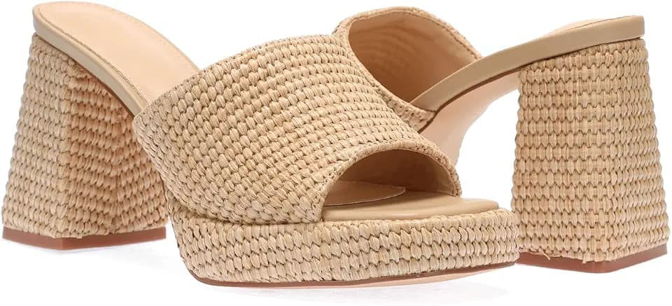 Monrovia Raffia Platform Sandals for Women Slip-On Espadrille Wedges Slides, Flatform Woven Straw Summer Vacation Beach Shoes
