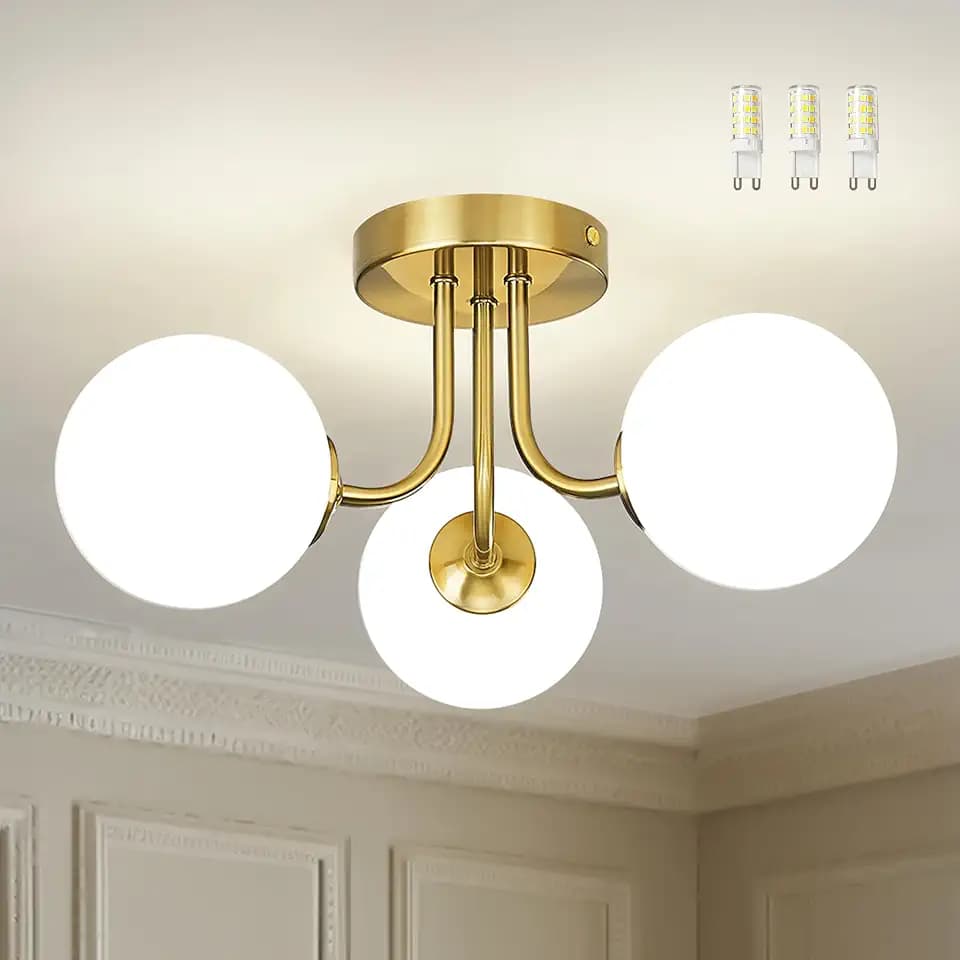 3 Globe Flush Mount Ceiling Light,Polished Gold,Frosted Glass
