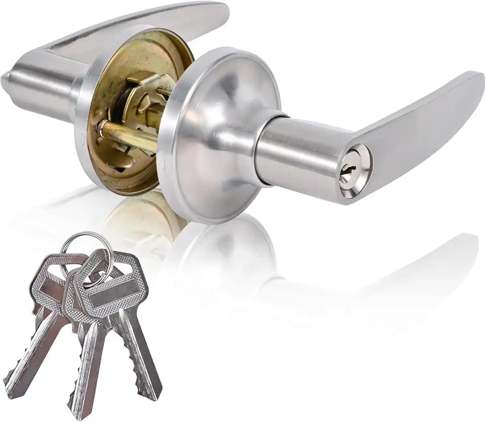 High-Security Stainless Steel Door Lever with Lock and Key,Silver