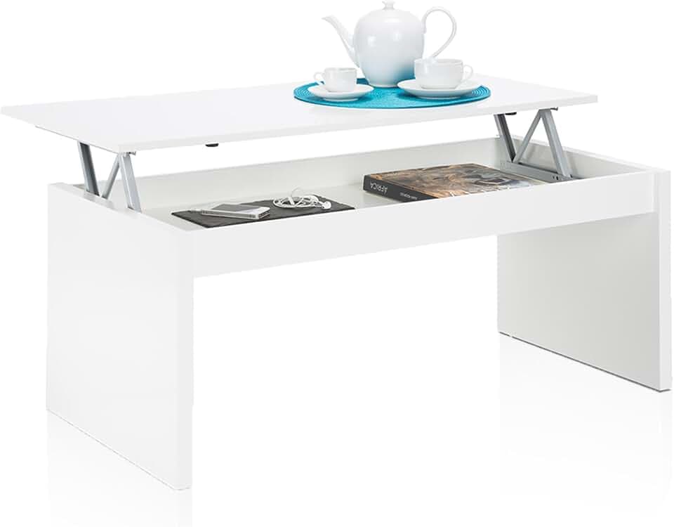 duehome Couchtisch, Modell Evan, Couchtisch, Wohnzimmertisch, weißes Hochglanz-Finish, Maße: 102 cm (Breite) x 43/54 cm (Höhe) x 50 cm (Tiefe)