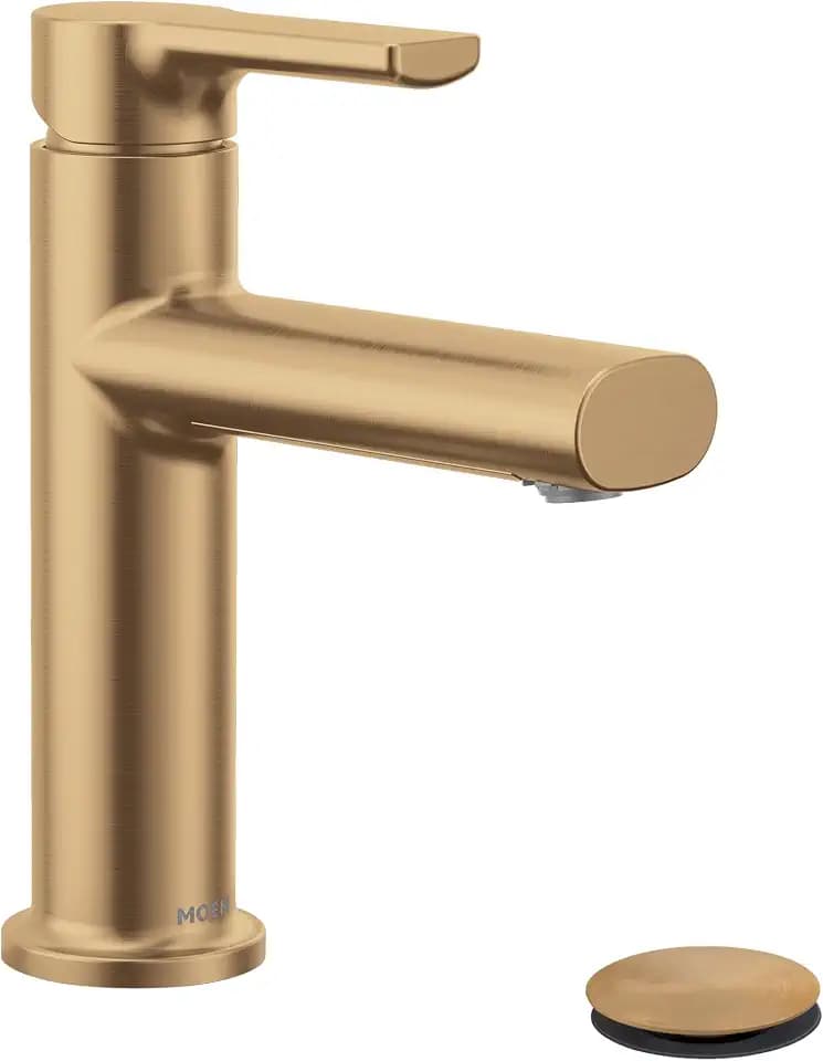Moen Meena 84794BZG Einhand-Wasserhahn mit einem Loch, moderner Waschbeckenarmatur mit optionaler Deckplatte und Ablaufmontage, bronzefarben, goldfarben