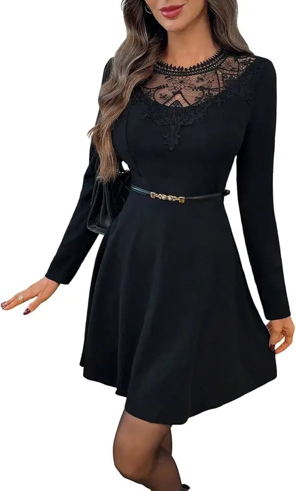 SweatyRocks Damen Kleid Elegant Festliche Kleider mit Spitze Langarmkleid A Linie Kurzkleid Office Freizeitkleid Festival Outfits Partykleid