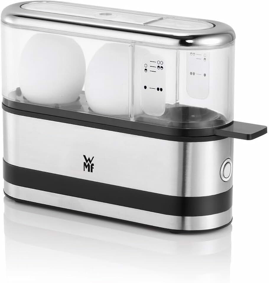WMF Küchenminis Eierkocher aus Cromargan, kocht 1–2 Eier optimal weich, mittel oder hart, einfache Einstellung für optimal Ergebnisse, 250 W, Messbecher, Eipick, platzsparendes Design