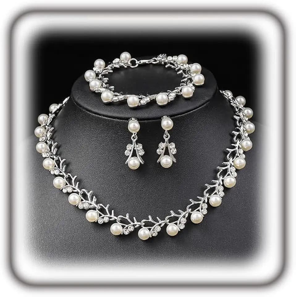 Rrdaily Rhinestone Pearl Wedding Jewelry Set for Bride Bridesmaid Bohemia Adjustable Beaded Crystal Bracelet Necklace Exaggerated Pearl Earring Set for Women