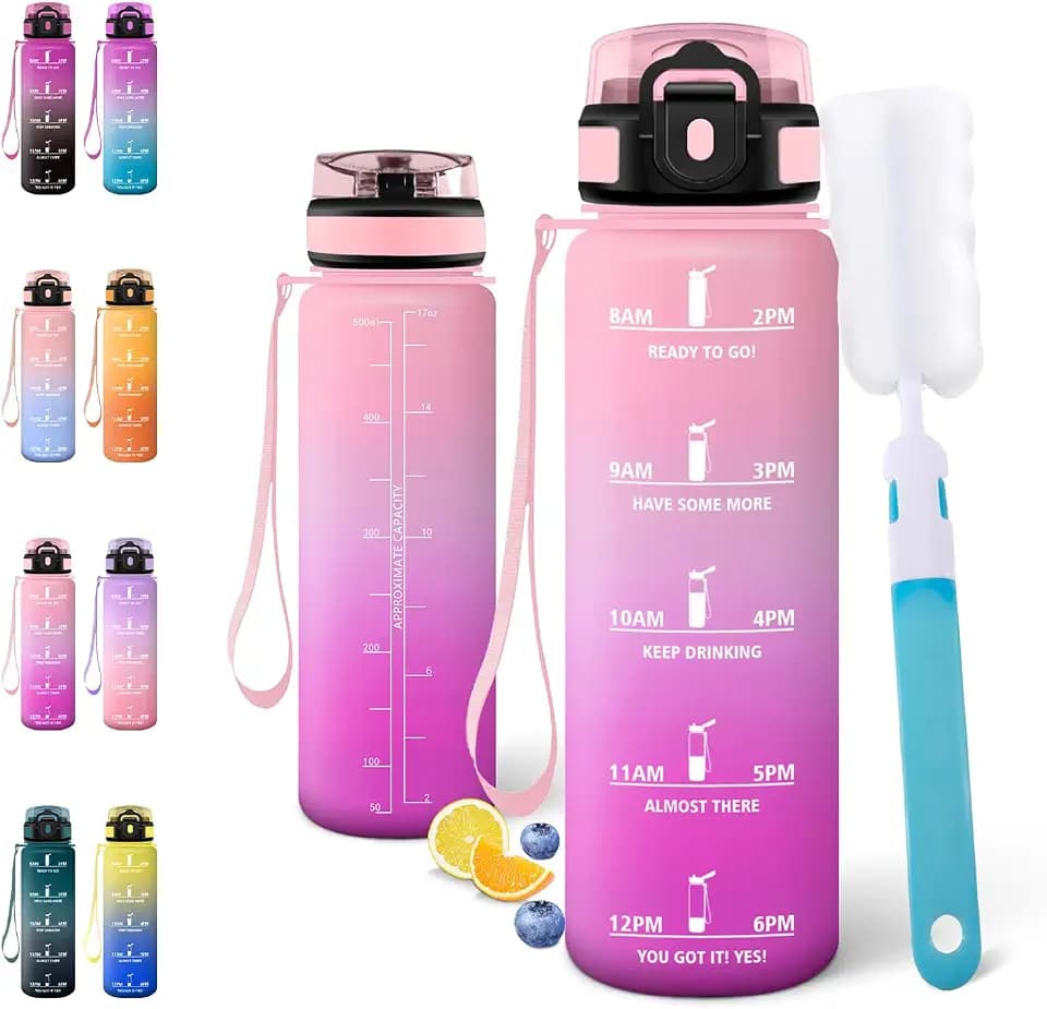 Motswedi Trinkflasche 500ml, Sport Wasserflasche, mit Bürste, Auslaufsicher, Trinkflasche Kohlensäure Geeignet, Flasche Sport, Wasserflasche Für Fitness, Schule und Büro, Hellrosa & Rosarot