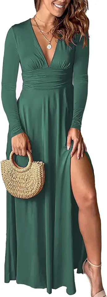 Damen Kleid Elegant V Ausschnitt Langarm Kleider Herbst Winter wickelkleid Hohem Schlitz Lange Abendkleider Cocktail Kleid Partykleid