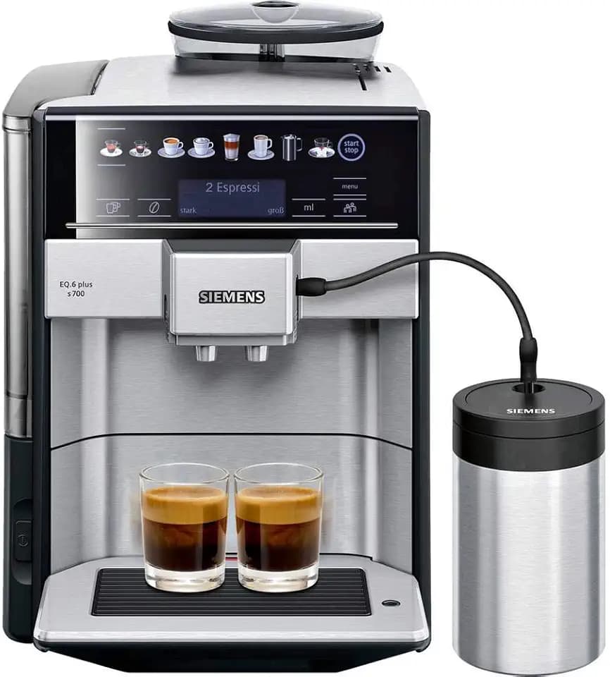 SIEMENS Kaffeevollautomat EQ6 plus s700 TE657M03DE, für viele Kaffeespezialitäten, Milch-Aufschäumdüse, Keramikmahlwerk, Doppeltassenfunktion, Antikalk, automatische Dampfreinigung, 1500 W, edelstahl
