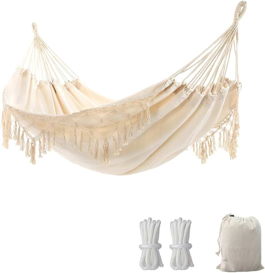 Hängematte Outdoor Boho Hängematte 2 Personen, Tragfähigkeit bis zu 204kg, tragbar mit Tragetasche für Patio Garten Hof Indoor - Beige
