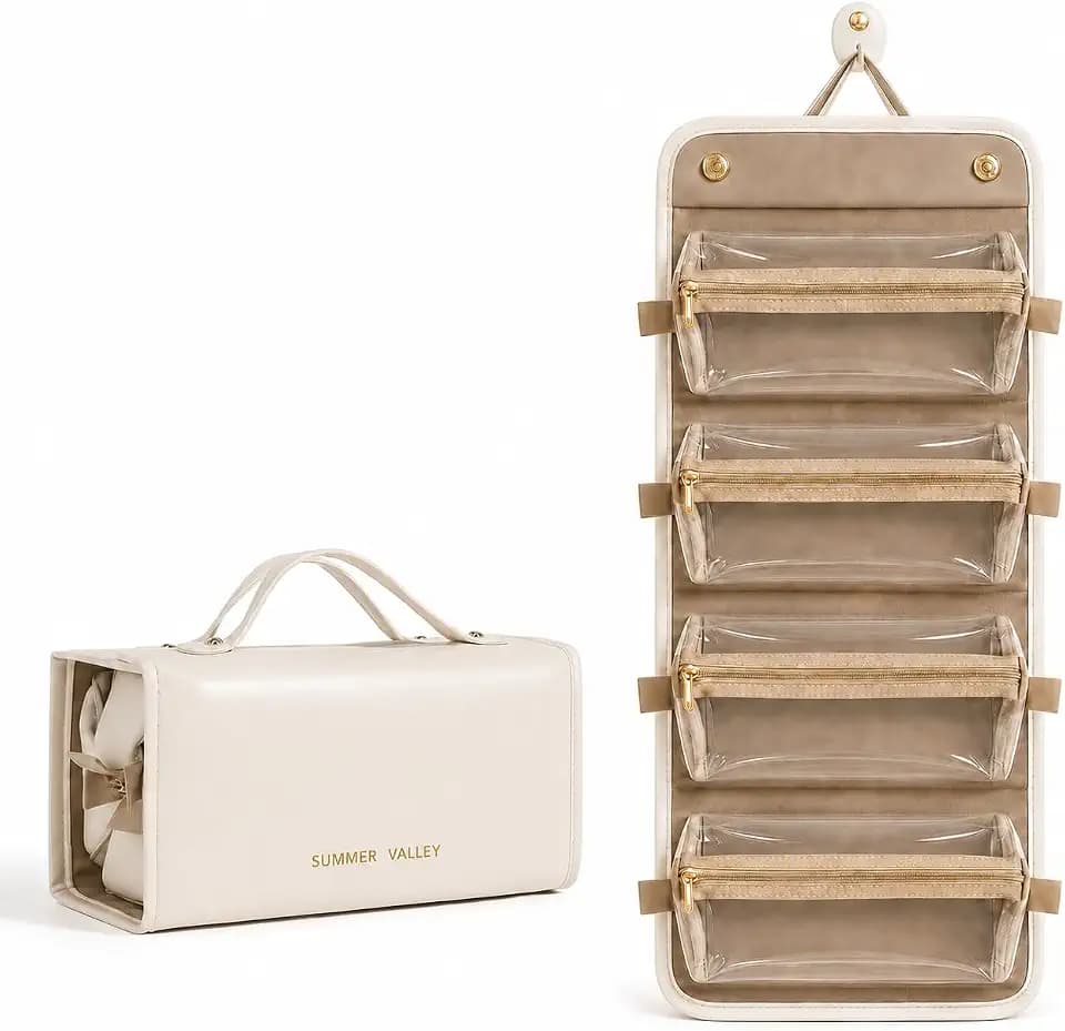 YDR Roll Up Makeup Bag for Women, 4-in-1 Toiletry Bag with 4 Detachable Clear Pouches, Hanging Travel Makeup Organizer, PU Leather Cosmetic Bag