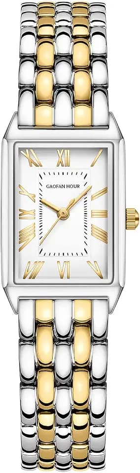 Gold Watches for Women with Vintage Rectangular Case,White Roman Dial,Stainless Steel Band,Adjustment Tool Included,Water Resistant