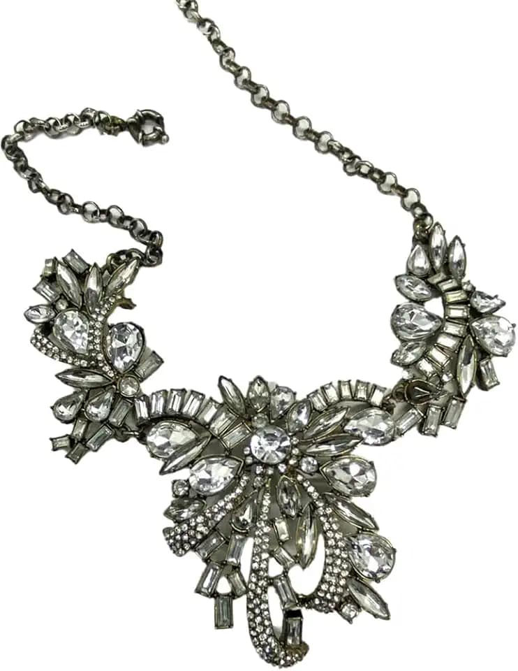 Secret for Longevity Bronze Tone Art Deco Clear Rhinestone Antique Vintage Retro Style Gatsby Wedding Bridal Prom Chunky Statement Necklace