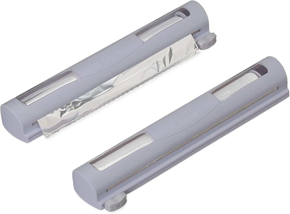 Relaxdays Folienschneider 2er Set, für Alu- & Frischhaltefolie, grau | Sichtfenster, glattes Abtrennen, Folienabroller