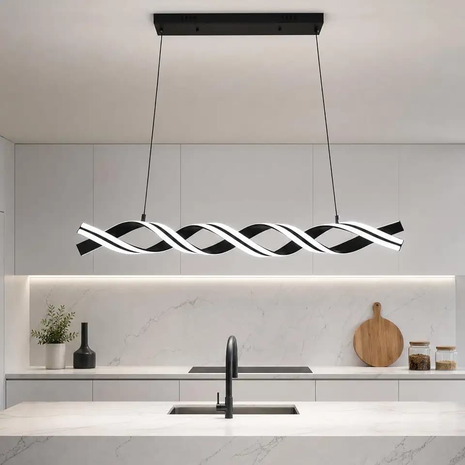 LED Smart Spiral Wave Chandelier,58 W Dimmable Hanging Pendant Light,45.3" Black Linear Fixture with Remote Control for Dining Room, Kitchen Island, Kitchen