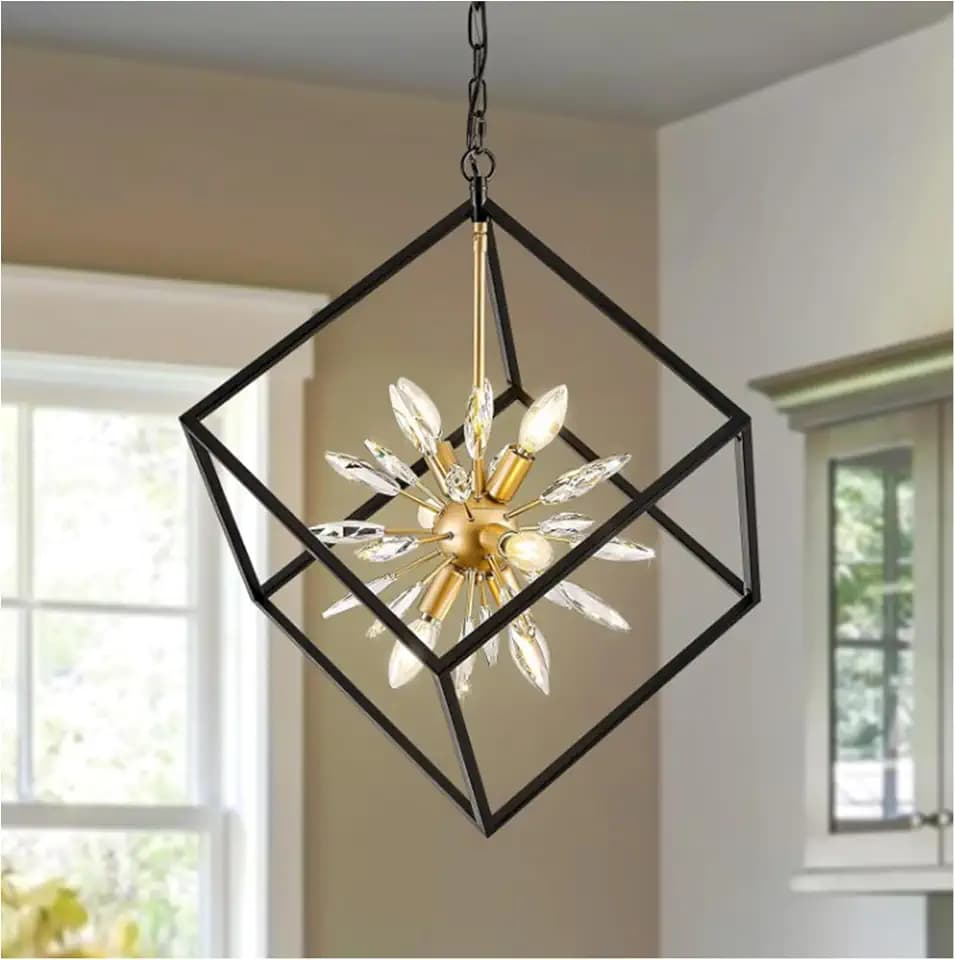 Farmhouse Chandelier,6-Lights Industrial Rustic Dining Room Pendant Light,Adjustable Hanging Candle Light Fixtures for Kitchen Island Living Room Foyer (Black/Gold/Crystal-6 Lights)