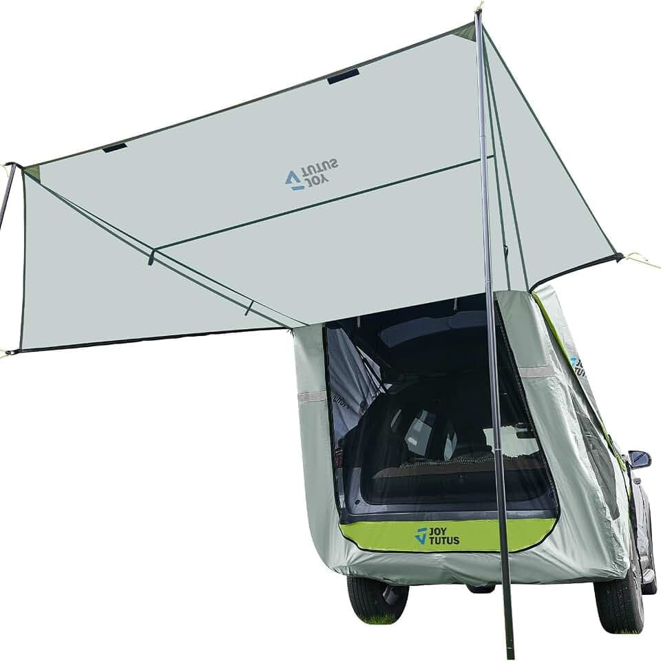 JOYTUTUS SUV Tailgate Tent with Three Sides Awning and Poles, Water Resistant SUV Camping Tent with Car Roof Cover, Tent Attaches to Car Truck, Universal Fit Most SUVs, Cars, Grey Green, Large