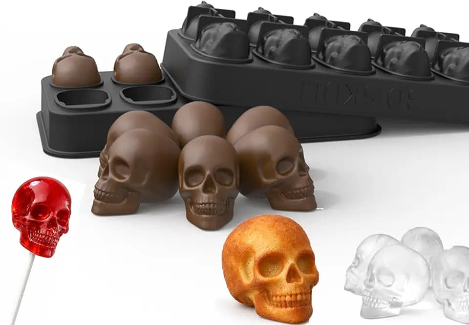 RoseFlower Totenkopf-Kuchenform, Halloween-Silikonformen, Eiswürfelform, Eiswürfelbehälter, 10-fach-Form mit 3D-Totenkopfmotiv für Halloween und Geburtstagsfeiern