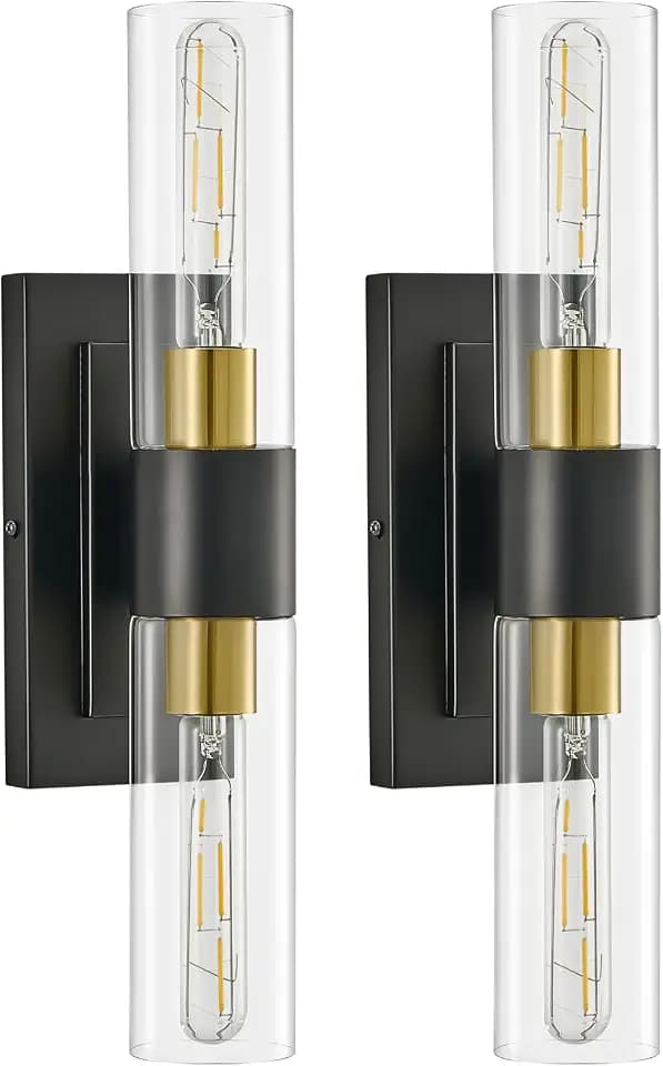 19" Black and Gold Wall Sconces Set of Two,Modern Bathroom Light Fixtures,2-Light Vanity Lights for Mirror,Indoor Wall Lamp Wall Mount Hardwired Light for Bedroom with Clear Glass E26 Base