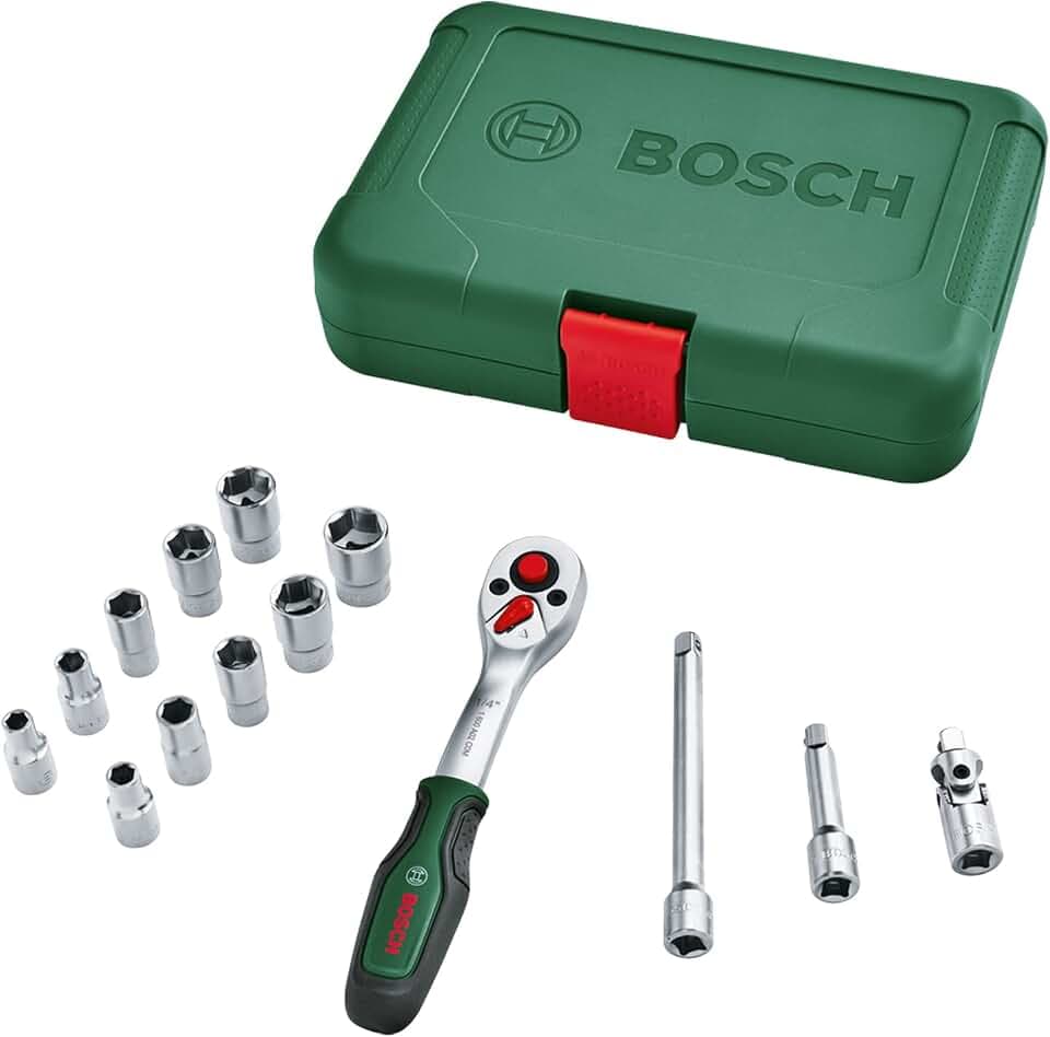 Bosch Ratschen / ¼"-Steckschlüsselsatz, 14-teilig (hochwertiger und vielseitiger Steckschlüsselsatz für zahlreiche Heimwerkeraufgaben; ergonomischer Griff mit Softgrip; magnetische Bit-Aufnahme)
