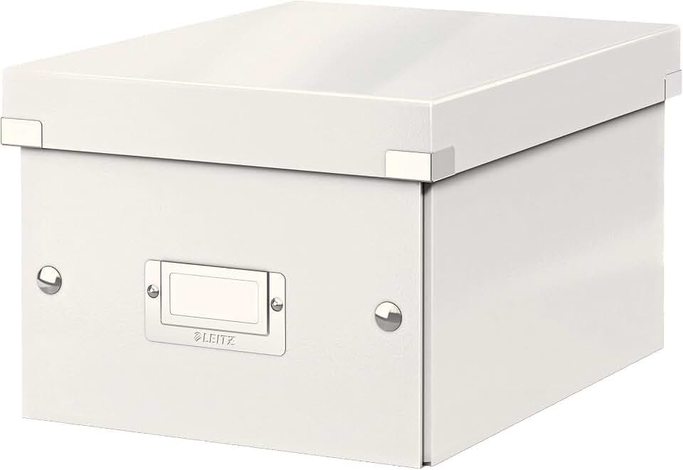 Leitz Click & Store Aufbewahrungsbox mit Deckel Klein, Box für Unterlagen bis A5 im Büro u. Haushalt, Transportbox aus 84% recycelter Premium-Hartpappe, Etikettenhalter, Weiß, 60430001