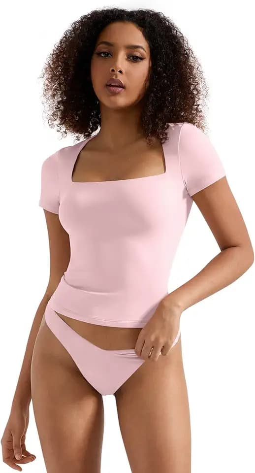 SUUKSESS Women Double Lined Fitted Basic Tee Square Neck Short Sleeve Y2K Crop Top